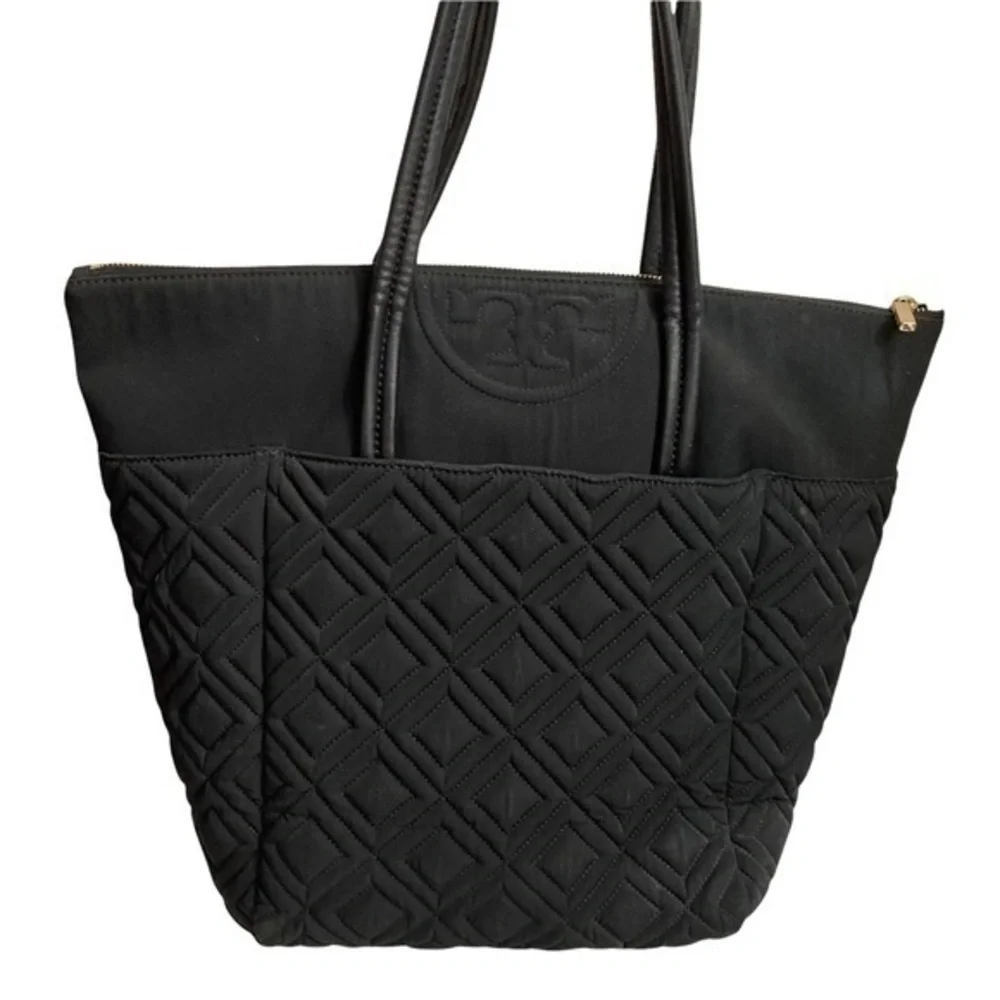 Tory Burch black nylon leather quilted zipper tote bag